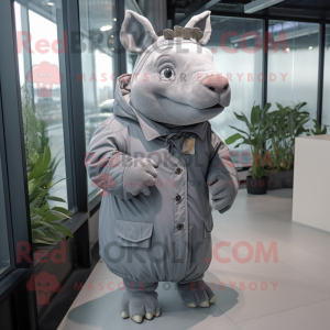 Gray Rhinoceros mascot costume character dressed with a Parka and Lapel pins