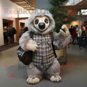 Gray Giant Sloth mascot costume character dressed with a Flannel Shirt and Clutch bags