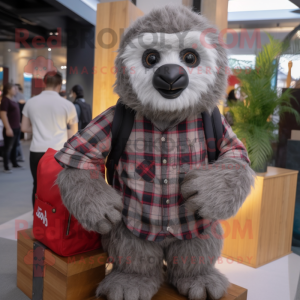 Gray Giant Sloth mascot costume character dressed with a Flannel Shirt and Clutch bags