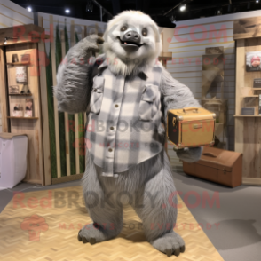 Gray Giant Sloth mascot costume character dressed with a Flannel Shirt and Clutch bags