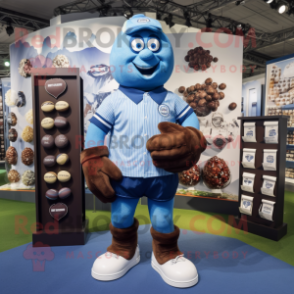 Blue Chocolates mascot costume character dressed with a Rugby Shirt and Shoe clips