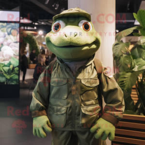 Forest Green Frog mascot costume character dressed with a Bomber Jacket and Cummerbunds