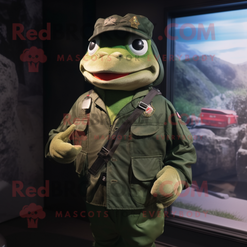 Forest Green Frog mascot costume character dressed with a Bomber Jacket and Cummerbunds Forest Green Frog mascot costume character dressed with a Bomber Jacket and Cummerbunds