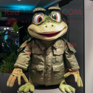 Forest Green Frog mascot costume character dressed with a Bomber Jacket and Cummerbunds