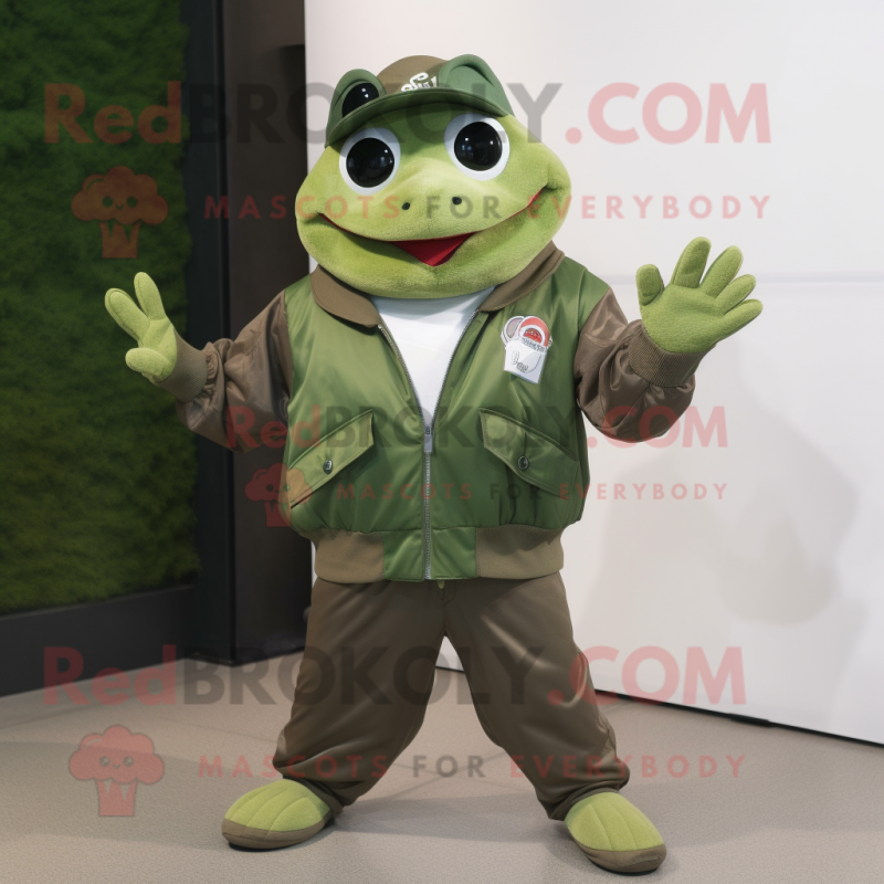 Forest Green Frog mascot costume character dressed with a Bomber Jacket and Cummerbunds