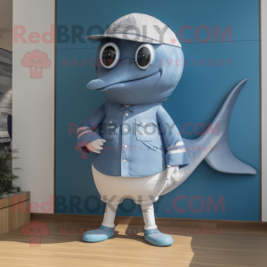 Silver Blue Whale mascot costume character dressed with a Bermuda Shorts and Watches