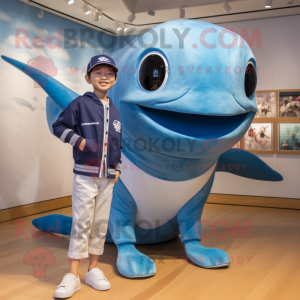 Silver Blue Whale mascot costume character dressed with a Bermuda Shorts and Watches