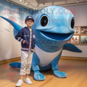 Silver Blue Whale mascot costume character dressed with a Bermuda Shorts and Watches