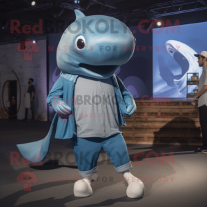 Silver Blue Whale mascot costume character dressed with a Bermuda Shorts and Watches