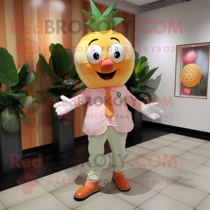 Peach Pineapple mascot costume character dressed with a Poplin Shirt and Shoe clips