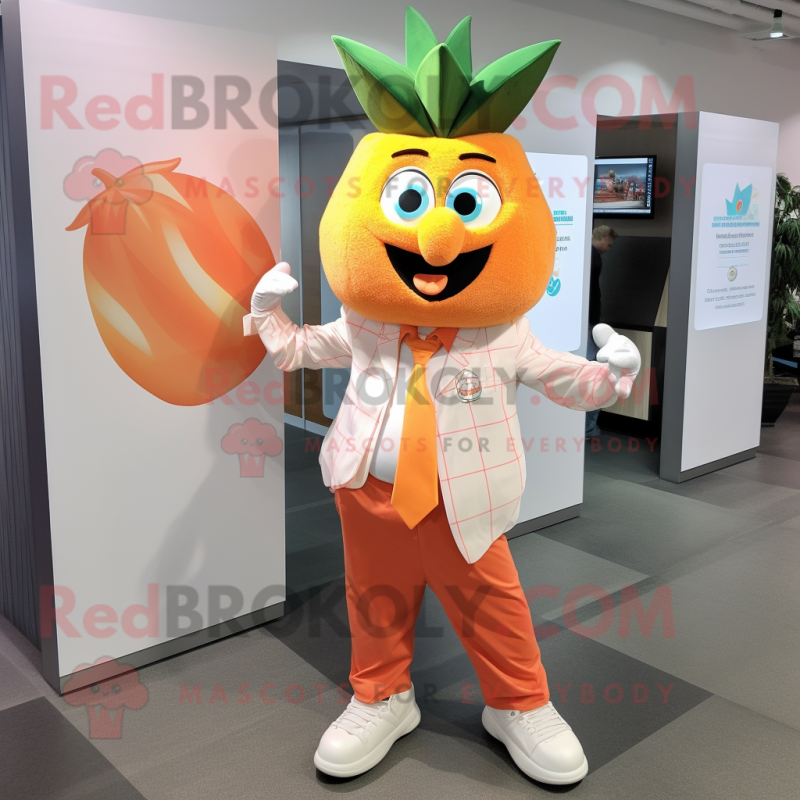 Peach Pineapple mascot costume character dressed with a Poplin Shirt and Shoe clips Peach Pineapple mascot costume character dressed with a Poplin Shirt and Shoe clips