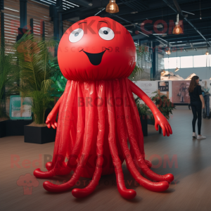 Red Jellyfish mascot costume character dressed with a Maxi Dress and Suspenders