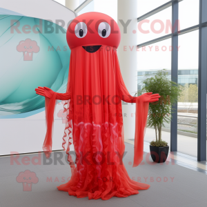 Red Jellyfish mascot costume character dressed with a Maxi Dress and Suspenders
