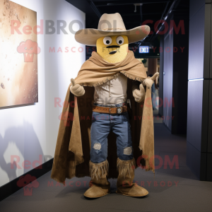 Tan Cowboy mascot costume character dressed with a Flare Jeans and Shawls