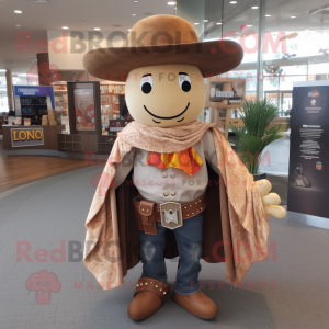 Tan Cowboy mascot costume character dressed with a Flare Jeans and Shawls