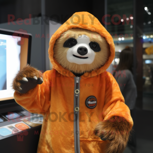 Orange Sloth mascot costume character dressed with a Hoodie and Rings