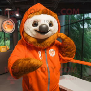 Orange Sloth mascot costume character dressed with a Hoodie and Rings