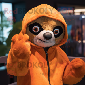 Orange Sloth mascot costume character dressed with a Hoodie and Rings