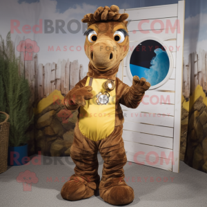 Brown Seahorse mascot costume character dressed with a Dungarees and Bracelets