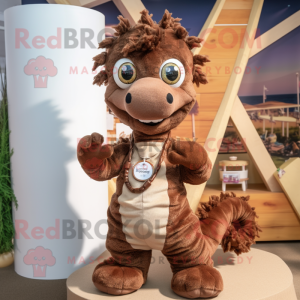 Brown Seahorse mascot costume character dressed with a Dungarees and Bracelets