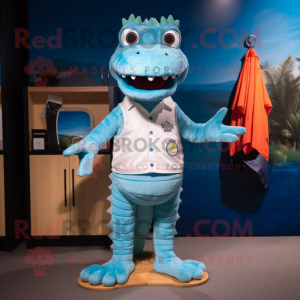 Sky Blue Crocodile mascot costume character dressed with a Board Shorts and Lapel pins