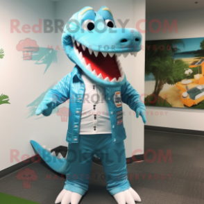 Sky Blue Crocodile mascot costume character dressed with a Board Shorts and Lapel pins