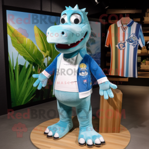 Sky Blue Crocodile mascot costume character dressed with a Board Shorts and Lapel pins