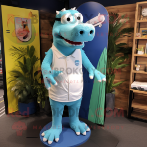 Sky Blue Crocodile mascot costume character dressed with a Board Shorts and Lapel pins