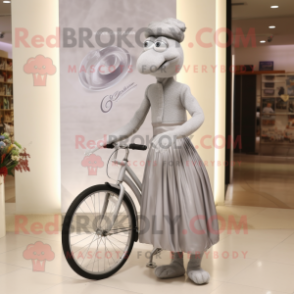 Silver Unicyclist mascot costume character dressed with a Empire Waist Dress and Handbags