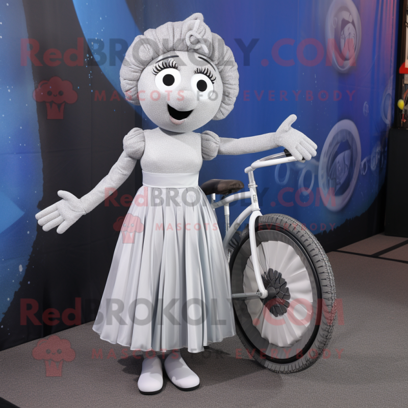 Silver Unicyclist mascot costume character dressed with a Empire Waist Dress and Handbags