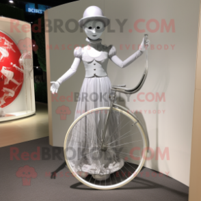 Silver Unicyclist mascot costume character dressed with a Empire Waist Dress and Handbags