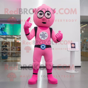 Pink Superhero mascot costume character dressed with a Dress Pants and Digital watches