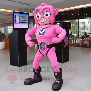 Pink Superhero mascot costume character dressed with a Dress Pants and Digital watches