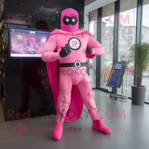 Pink Superhero mascot costume character dressed with a Dress Pants and Digital watches