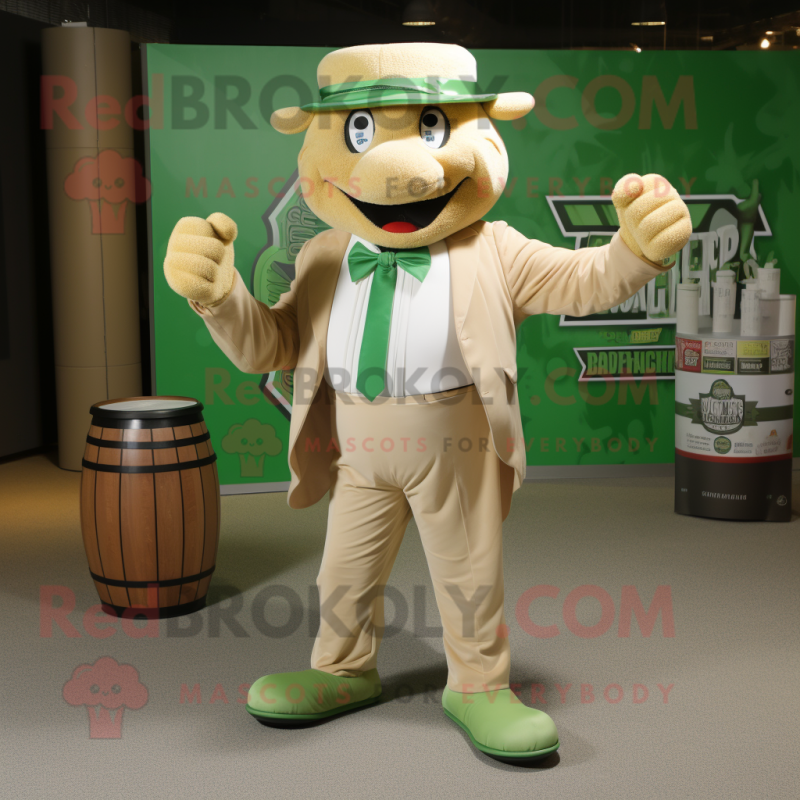 Tan Green Beer mascot costume character dressed with a Joggers and Bow ties Tan Green Beer mascot costume character dressed with a Joggers and Bow ties