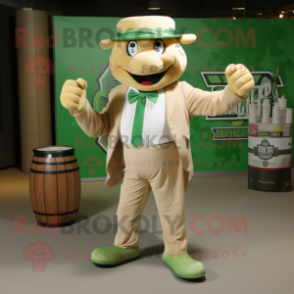 Tan Green Beer mascot costume character dressed with a Joggers and Bow ties