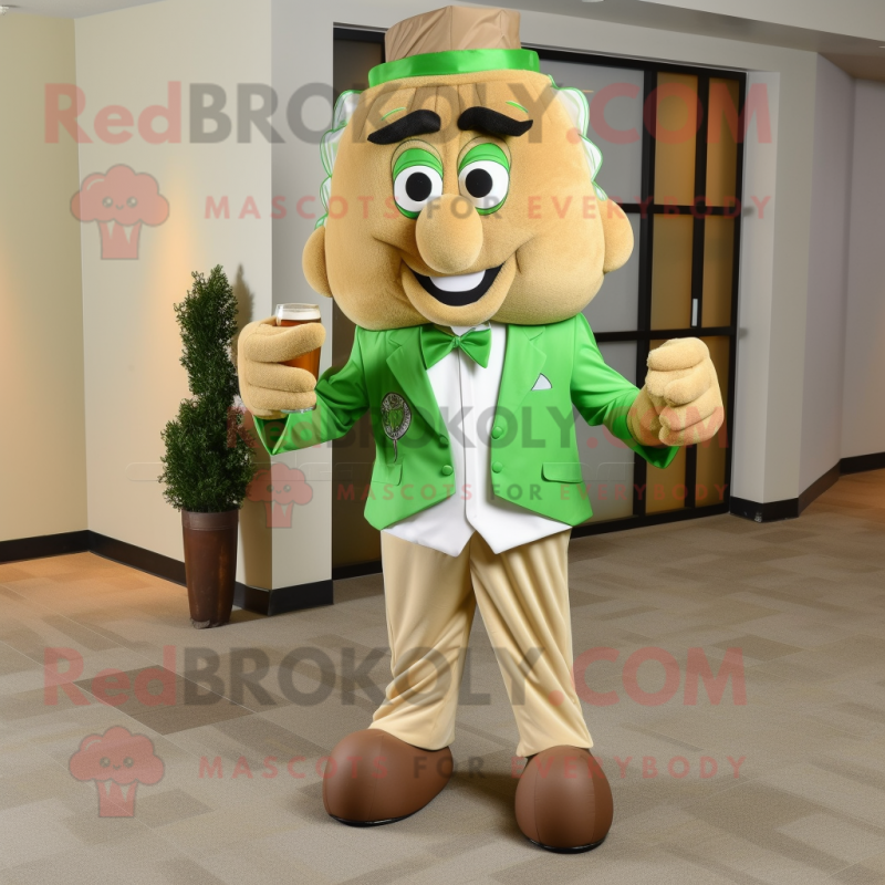 Tan Green Beer mascot costume character dressed with a Joggers and Bow ties Tan Green Beer mascot costume character dressed with a Joggers and Bow ties