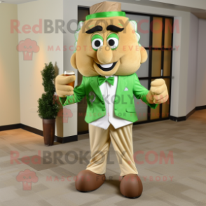 Tan Green Beer mascot costume character dressed with a Joggers and Bow ties