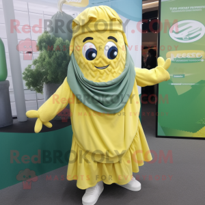 Lemon Yellow Pesto Pasta mascot costume character dressed with a Windbreaker and Shawls