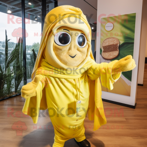 Lemon Yellow Pesto Pasta mascot costume character dressed with a Windbreaker and Shawls