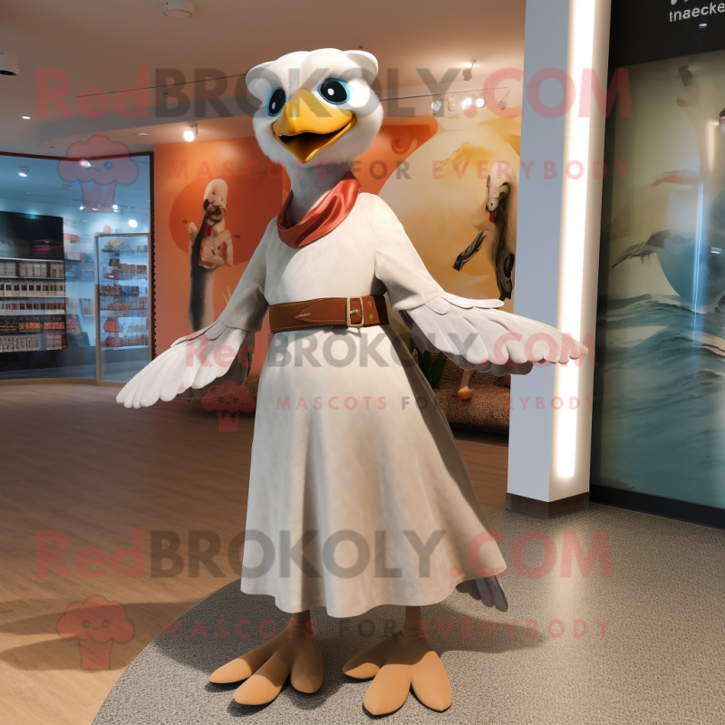 Tan Seagull mascot costume character dressed with a A-Line Dress and Cummerbunds