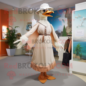 Tan Seagull mascot costume character dressed with a A-Line Dress and Cummerbunds