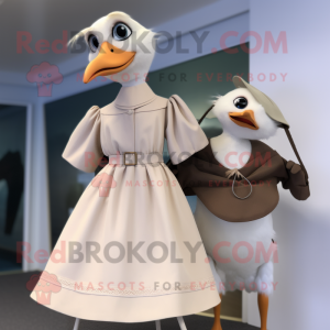 Tan Seagull mascot costume character dressed with a A-Line Dress and Cummerbunds