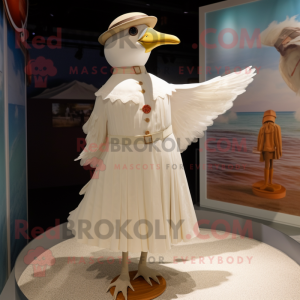 Tan Seagull mascot costume character dressed with a A-Line Dress and Cummerbunds