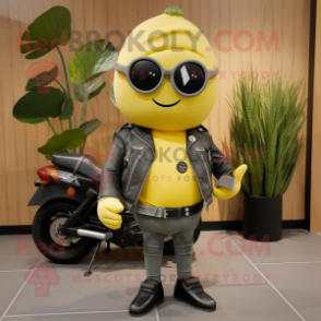 Lemon Yellow Cucumber mascot costume character dressed with a Biker Jacket and Briefcases