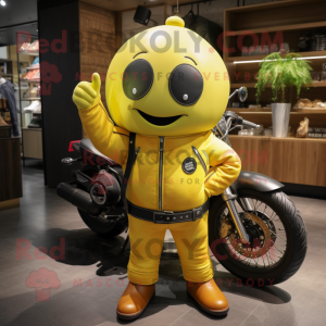 Lemon Yellow Cucumber mascot costume character dressed with a Biker Jacket and Briefcases