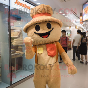 Tan Fried Rice mascot costume character dressed with a Dungarees and Caps