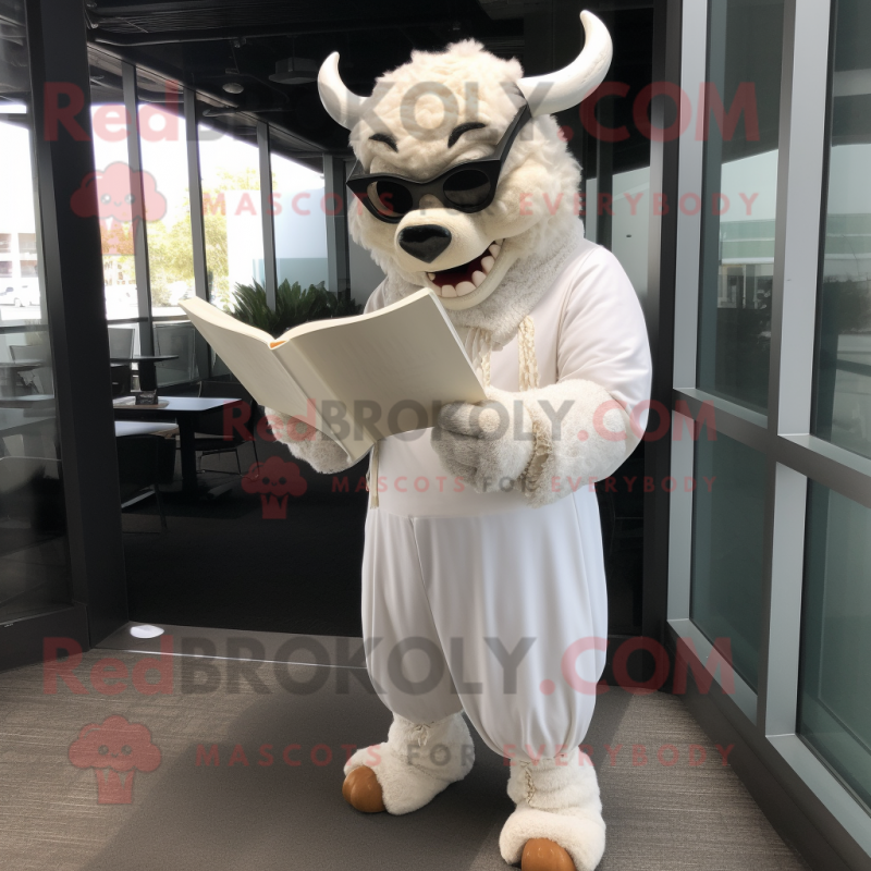 White Minotaur mascot costume character dressed with a Suit Pants and Reading glasses