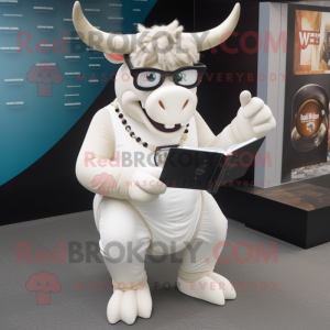 White Minotaur mascot costume character dressed with a Suit Pants and Reading glasses