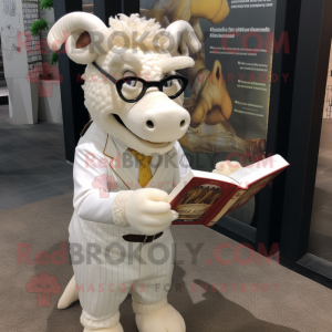 White Minotaur mascot costume character dressed with a Suit Pants and Reading glasses
